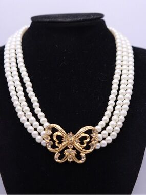 Avon Triple-Strand Faux White Pearl Necklace with Gold Butterfly Accent